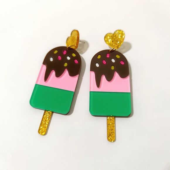 Pink & Green Ice Cream‎ Stick Earrings Gold Accents - Picture 6 of 6